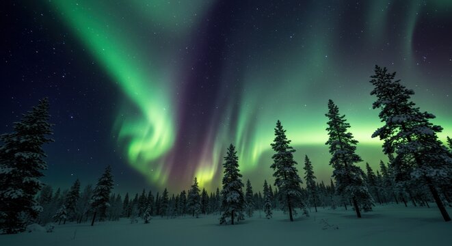 Captivating aurora borealis dance over snowy forest lapland nature nighttime scenic natural wonder - Powered by Adobe