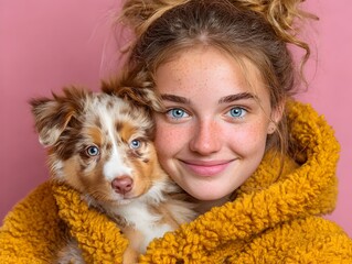 A beautiful blue eyed girl smiles gently while cuddling her adorable puppy against a pink studio backdrop.