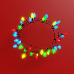 Christmas ornaments bright light garlands on red background. Set Xmas decoration string light garland multicolor. 3D rendering image.