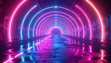 A vibrant neon tunnel, illuminated by vibrant pink and blue lights, creates a futuristic, otherworldly atmosphere.