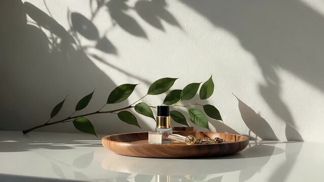 circular wooden display stand holding verdant tree branch situated atop reflective white surface under natural illumination with foliage silhouette projections