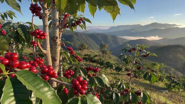 expansive agricultural field of coffee shrubs on elevated terrain during the picking period with grand natural vista