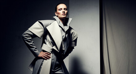 Fototapeta premium Avant-garde fashion model posing with dramatic lighting showcasing modern, architectural outerwear