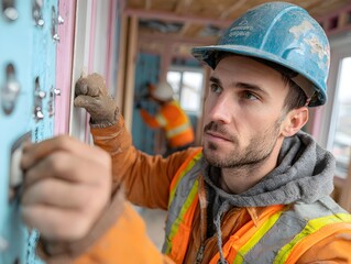 Construction worker installs insulation panels on a wall with another worker in background at building site.