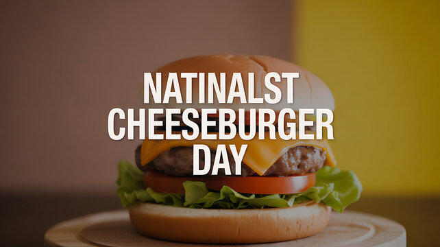 National Cheeseburger Day celebration with a close-up of a classic cheeseburger on a wooden plate