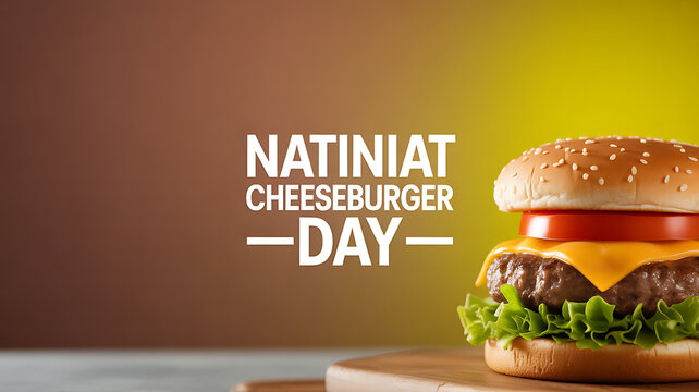 National Cheeseburger Day celebration with a close-up of a cheeseburger on a wooden board