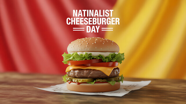 A cheeseburger with lettuce, tomato, cheese, and pickles on a wooden surface against a red and yellow background, celebrating National Cheeseburger Day.