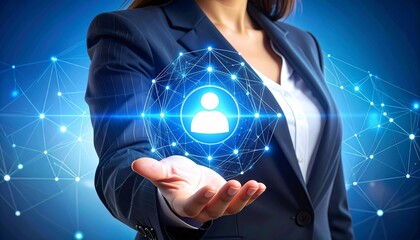 A business-suited hand holds a glowing holographic icon—central user symbol surrounded by digital nodes—set against a blue gradient with network graphics—evokes crafted interface, symbolic connectivit