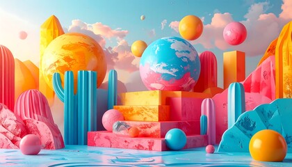A vibrant, colorful landscape with geometric shapes and floating spheres, set against a backdrop of soft clouds.