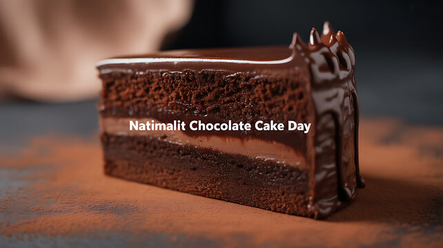 A slice of rich chocolate cake with glossy chocolate glaze and layered filling, presented on a rustic surface.