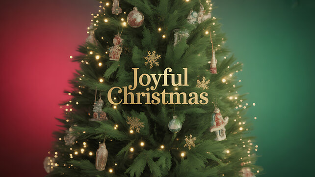 A decorated Christmas tree with ornaments and lights against a red and green background, featuring the text 'Joyful Christmas'.