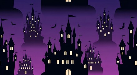 Silhouette illustration of many dark gothic castles in a purple twilight sky, with glowing windows and bats.