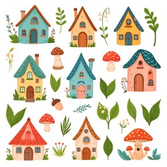 Whimsical illustration of colorful houses, mushrooms, and foliage