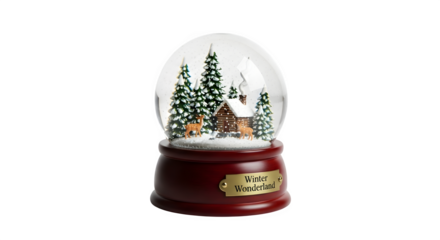 A charming snow globe featuring a cozy cabin nestled among snowcovered pine trees, isolated on transparent background, evoking a sense of winter wonderland magic