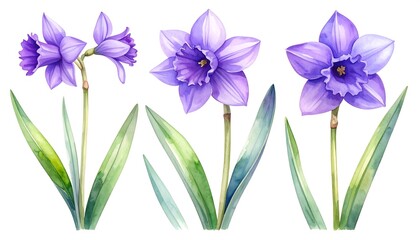 Watercolor painting of three purple daffodils, each with varying angles and leaf arrangements, set against a white background