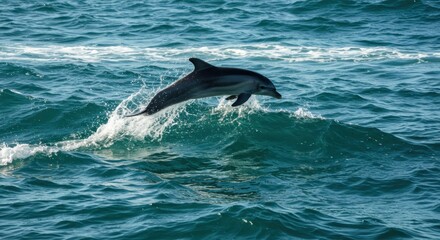 Fototapeta premium Dolphin leaping over waves ocean wildlife action marine environment side nature's grace