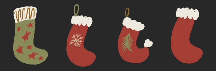 Christmas stockings for gifts set. Hand drawn textured chalk, pastel, crayon, pencil in naive childish scribble doodle style. Cute festive vector illustration isolated for winter holiday decoration