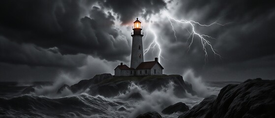 stormy coastline with illuminated lighthouse under dramatic lightning sky | maritime, weather, landscape, travel, nature theme