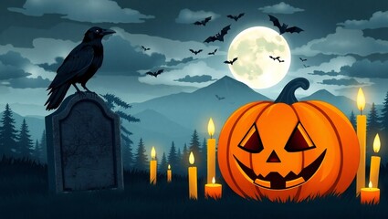 Fototapeta premium Spooky halloween scene with jack o lantern raven on tombstone and full moon