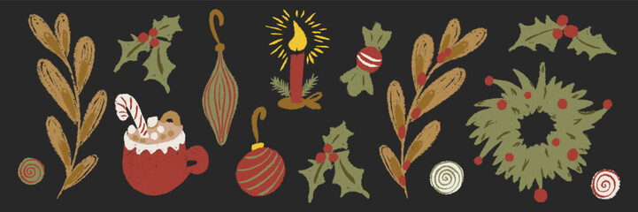 Chalk drawn Christmas set in cute childish style. Holly, mistletoe, candle, cocoa mug, wreath and baubles. Hand sketched textured doodle festive elements isolated for decoration. Vector illustration