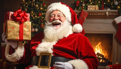 Santa Claus holding a gift, joyful Christmas scene