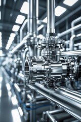 Industrial stainless steel pipe system with intricate valve mechanism in a clean manufacturing facility.