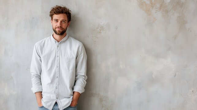Confident Young Man in Casual Attire Against a Textured Wall Background