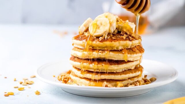 Golden honey cascades over fluffy banana pancakes and granola creating a delicious breakfast treat