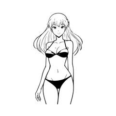 Black and white hot anime character line art illustration, stylish minimal outline drawing in clean style