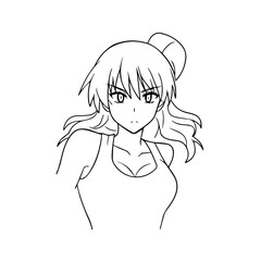 Black and white hot anime character line art illustration, stylish minimal outline drawing in clean style