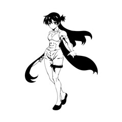 Black and white hot anime character line art illustration, stylish minimal outline drawing in clean style