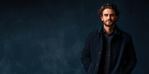 Obraz premium Stylish Young Man Posing Against a Dark Background in Casual Fashion