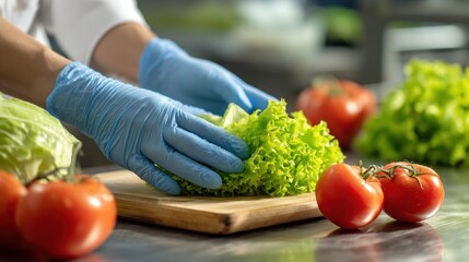 A chef in blue gloves preparing lettuce on a wooden cutting board with tomatoes and lettuce leaves in the background.
