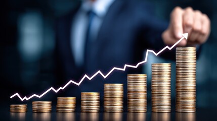 A businessman pointing upwards with a graph line indicating growth, symbolizing success and financial success.