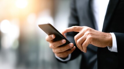 A man in a suit using a smartphone.