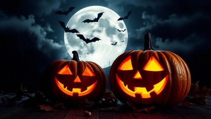 Spooky halloween pumpkins glowing under a full moon with bats flying