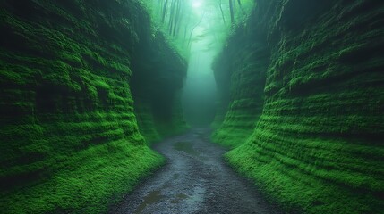 Misty, moss-covered canyon path