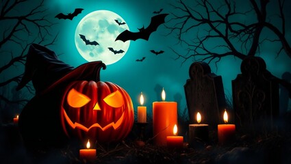 Fototapeta premium Spooky halloween pumpkin lantern with glowing eyes and bats flying in the moonlight