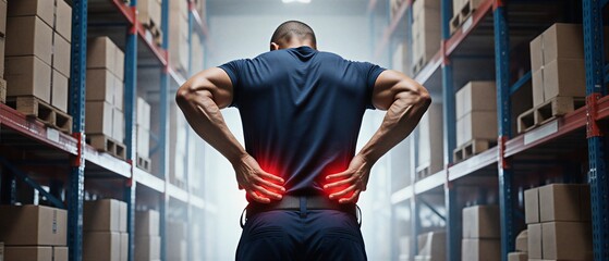 warehouse employee experiencing back pain while working, showing signs of physical stress and discomfort | workplace, health, pain, labor, stress theme