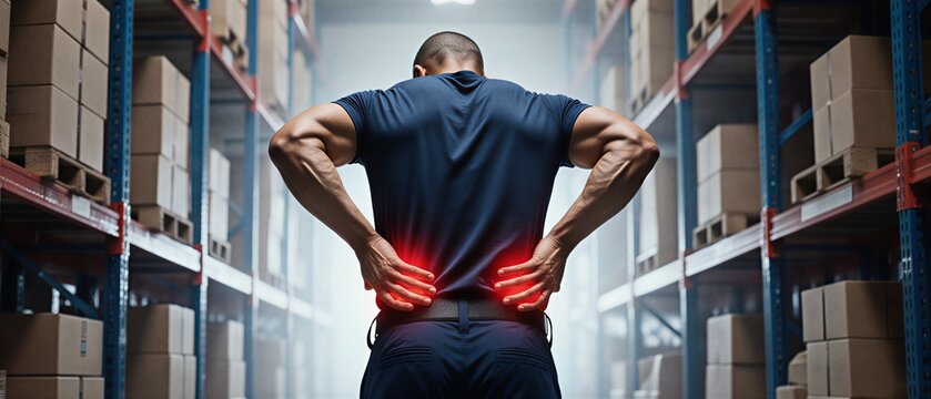 warehouse employee experiencing back pain while working, showing signs of physical stress and discomfort | workplace, health, pain, labor, stress theme - Powered by Adobe