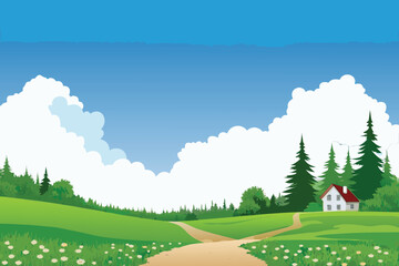 A peaceful landscape featuring a winding path house and fluffy clouds