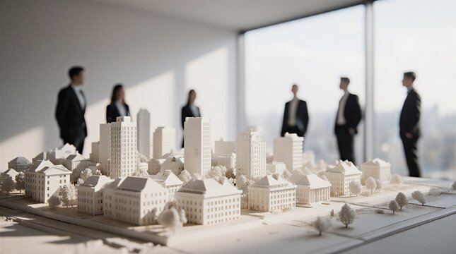 architects examining detailed city model during collaborative planning session | architecture, urbanism, real estate, planning, engineering theme