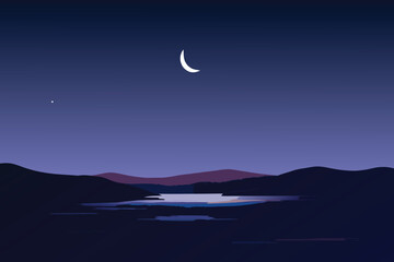 Nighttime landscape featuring a crescent moon and dark silhouetted mountains