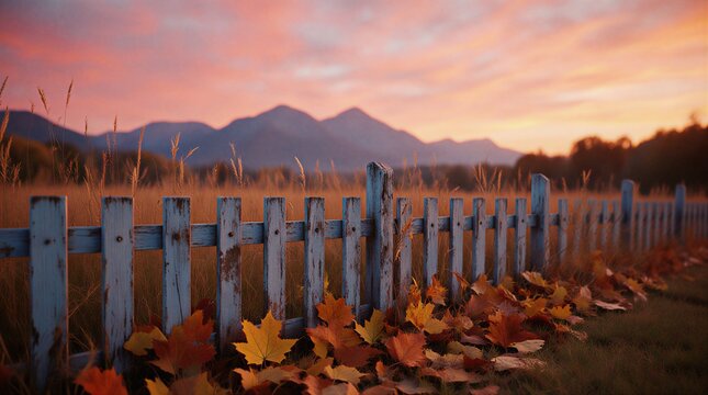 autumnal landscape with wooden fence and vibrant foliage under a warm sunset glow | autumn, countryside, rustic, landscape, seasonal theme - Powered by Adobe