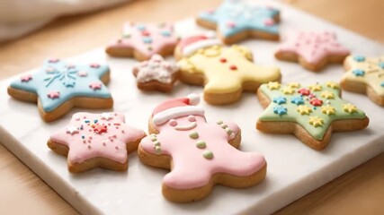 Tidy marble tray of pastel iced Christmas cookies topped with mini Santa hat decorations and star sprinkles, close-up detail shot - Powered by Adobe