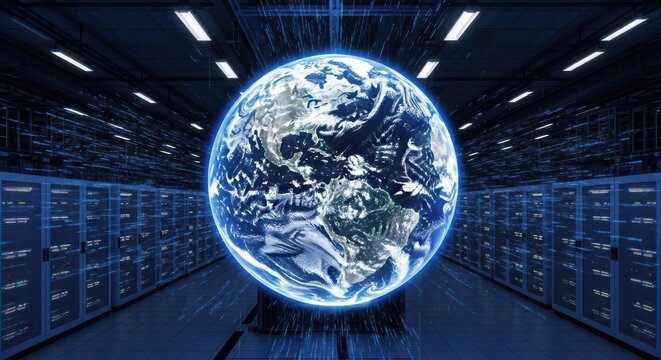 Global data network infrastructure featuring an illuminated world amidst servers and transmission