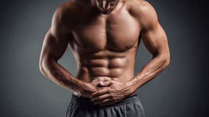 A muscular man with a fit physique, showcasing his abdominal muscles against a dark background.