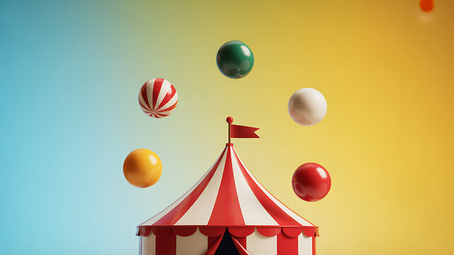 Colorful circus tent with floating balls against a gradient background