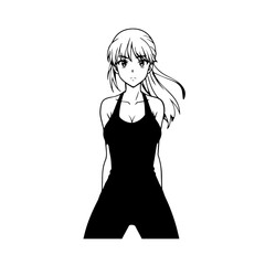 Black and white hot anime character line art illustration, stylish minimal outline drawing in clean style