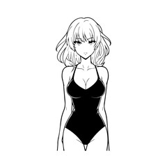 Black and white hot anime character line art illustration, stylish minimal outline drawing in clean style